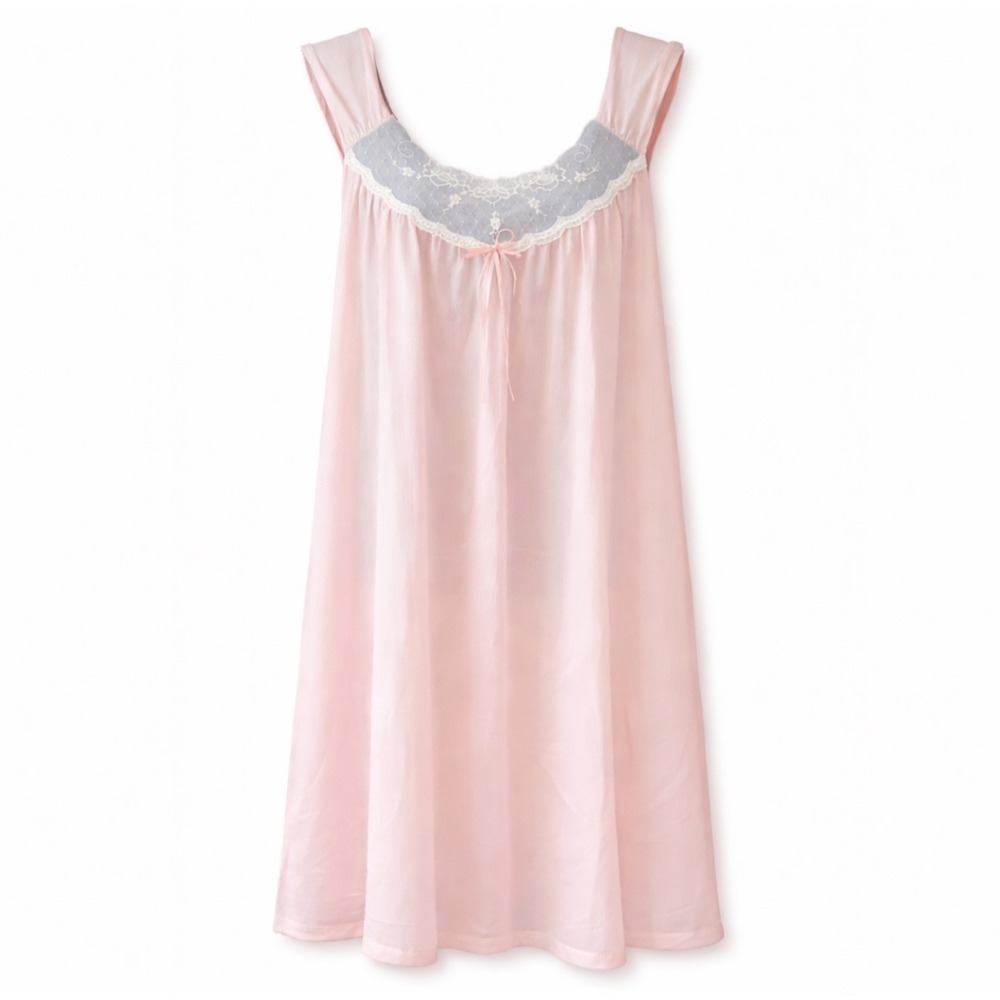 VTG Pink Nylon Nightgown Lace Trim 1X Sheer Romantic Cottagecore Slip Dress